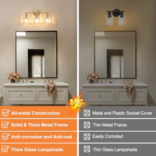 Shenmoyl Vintage Wall Sconce Indoor, Bathroom Light Fixtures Over Mirror, 3-Light Brass Gold Vanity Wall Lights with Clear Tulip Glass Shade for Bedroom Living Room (Bulb Not Included) by Shenmoyl - Image 3