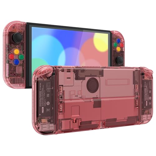 Image of eXtremeRate DIY Full Set Shell Buttons for Nintendo Switch OLED, Crystal Cherry Pink Replacement Back Plate & Kickstand Custom Case Housing for Nintendo Switch OLED JoyCon - No Controller