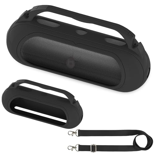 RAWECUD Silicone Cover Case for Beats Pill 2024 Wireless Bluetooth Speaker Protective Stand Holder for Beats Pill Bluetooth Speaker Accessories with Should Strap (Black Case only)
