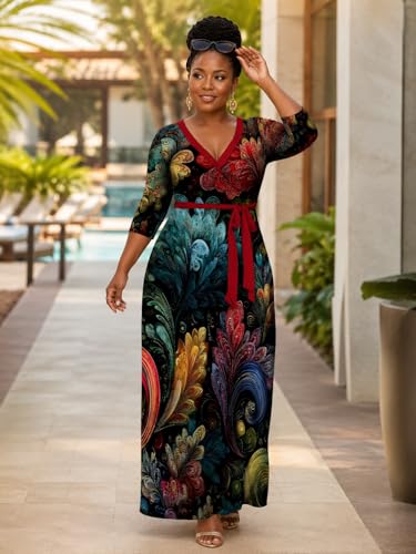 Image of PinkPatty Plus Size Maxi Dress for Women Casual V Neck 3 /4 Sleeve Boho Printed Long Dress with Pockets