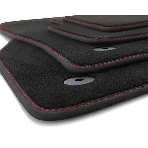 kh Teile Lot de 4 tapis de sol pour Polo 6 - Qualité premium - En velours - Tapis de voiture - Noir - Coutures décoratives rouges