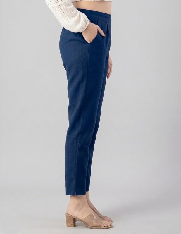Image of Solid Cotton Woman Trousers Pants Regular Fit Kurti Pant with Drawstring Daily Office Formal Casual Use
