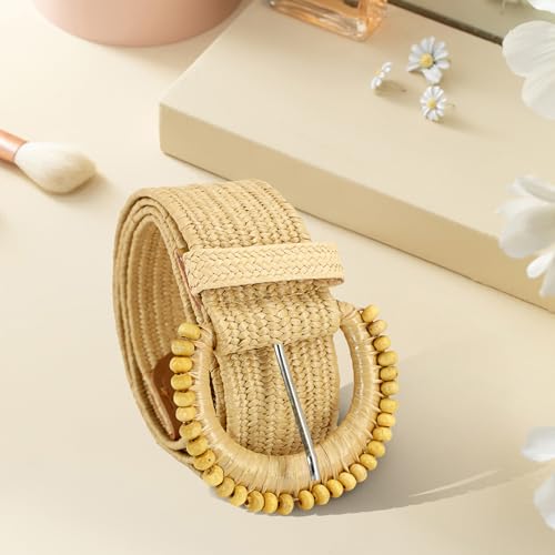 Women's Round Buckle Straw Woven Waist Belts,Round Buckle Woven Elastic Belts for Women,Fashion Boho Belt Women,Straw woven Elastic Waist Belt for Womens Dress Decorative3