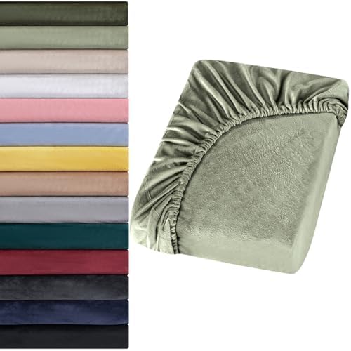 Soifox Jersey Warm Spannbettlaken 180x200cm bis 200x200cm Plüsch Fleece Samtweich Kuschelig Flauschig Cashmere Touch Bettlaken für Boxspringbett Topper Matratze Salbeigrün mit Gumm
