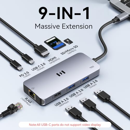 Image of USB C Adapters for MacBook Pro /Air, Selore 9 in 1 USB C Hub with 4K HDMI, 3 * 5Gbps USB 3.1 GEN1 Port, 1Gbps Ethernet, 100W PD, 1*USB 2.0 dongle for Dell, HP and More