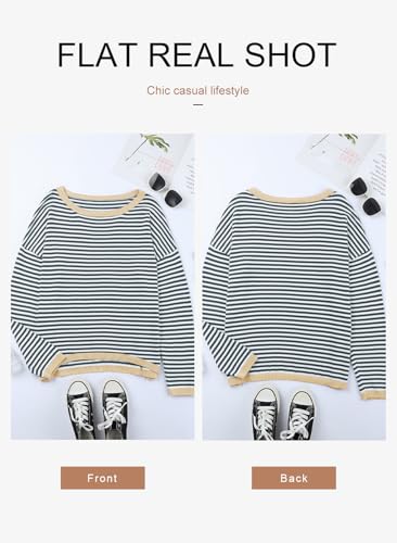 Image of Dokotoo Women's Long Sleeve Sweaters Casual Crewneck Fashion Fall Striped Color Block Shirts High Low Pullover Sweater Tops