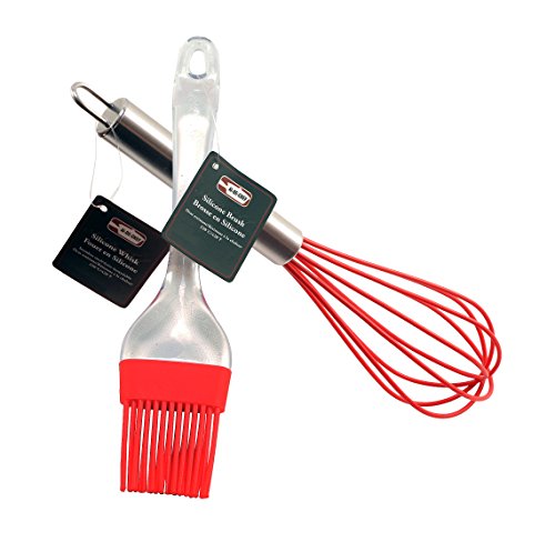 Silicone Whisk and Basting Brush - Stainless Steel & Silicone Whisk for Blending, Whisking, Beating & Stirring - Silicone Basting Brush, Pastry Brush, BBQ Brush. By Ai-De-Chef (2-Pack, Red)
