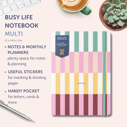 Busy B A5 Busy Life Notebook - Multicoloured Cover - Perfect for Students, Teachers, Work & More with Lined Pages, Undated Month Planners, Stickers, Storage Pocket & Elastic Closure Band - Image 2