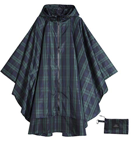 Womens Rain Poncho Polyester Waterproof Raincoat with Hood Zipper Outdoor Hiking Biking (Green Plaid)