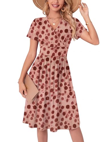 WUWUSKY Sommerkleid Damen Kurzarm V-Ausschnitt Freizeit Kleider A Linie Leicht Casual Dress mit Taschen Strandkleid Rüschen Midikleid Einfarbig A-Linie Kleider Roter Wellenpunkt M