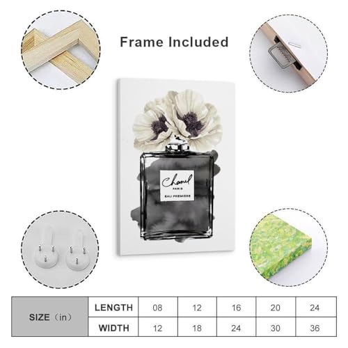 Image of BanLaArt Fashion Perfume Bottle Black With Grey & White Poppy Canvas Print Poster Decorative Painting Canvas Wall Art Picture Print Modern Family Bedroom Decor 08x12inch(20x30cm), style-3