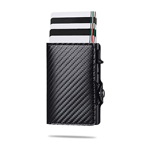 Image of TNE Airtag Wallet Genuine Leather Credit Card Money Holder for Men | RFID Blocking | Automatic Popup Mini Aluminum Bifold Slim Zipper Coin Pocket Airtag Case Mens Wallets Air Tag Cover, Carbon Fiber,