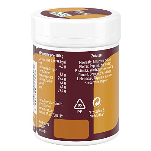 Fuchs Gewürze Gourmet Selection Klassisch/Heimisch – Wild Gewürzsalz, nachfüllbares Wild Gewürz, Salz zum Würzen von Wild, Saucen & Co, vegan, 80 g