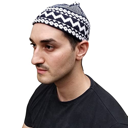 TheKufi® Indigo Blue Cotton Blend Zigzag Beanie Kufi Hat with Ball on Top One-Size2