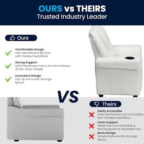 Image of Flash Furniture Vana Vinyl Kids Recliner with Cup Holder, Headrest, and Safety Recline, Contemporary Reclining Chair for Kids, Supports up to 90 lbs., White