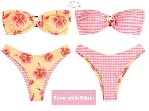 Image of ZAFUL Women's Bandeau Bikini O Ring Strapless Tie Back High Cut Two Piece Swimsuit Bathing Suits