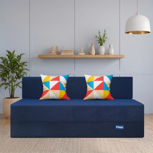 Image of Starlon 3 Seater Foldable Sofa Cum Bed 3-in-1 with 2 Geometrical Pattern Pillows, Washable Jute Fabric Cover, Space Saving Guest Bed, Royal Navy Blue 6x6 Ft