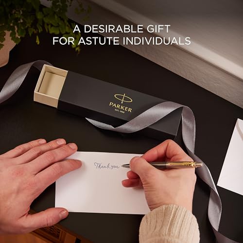 Parker Jotter Ballpoint Pen | Grey Lacquer with Gold Trims | Medium Point | Blue Ink Refill | Gift Box | Perfect Graduation Gifts