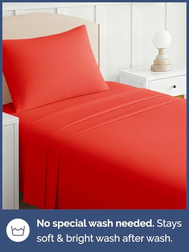 Image of Kids Twin XL Size Bed Sheet Set - 3 Piece Kids Loft Bed Sheets - Solid Red Themed Bedding - Soft, Cute and Cozy - Breathable and Machine Washable - Bedding for Boys, Girls, Teens & Toddlers - Oeko-Tex