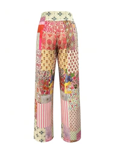 Milumia Women's Boho Patchwork Pants Summer Elastic High Waisted Loose Wide Leg Pants3