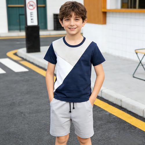 Image of Ayzozuy Boy Clothes Colorblock Top + Drawstring Waist Shorts 2 Pieces Kid Summer Outfits Set