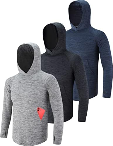 Liberty Imports 3 Pack: Youth Boys Teen Active Long Sleeve Hoodie Sweatshirts, Dry-Fit Hooded Pullover Shirts with Thumbholes and Pocket (Set 1, X-Large)