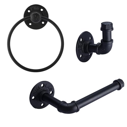 HighFree Industrial Pipe Bathroom Hardware Set, Matte Black Wall Mounted