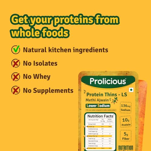 Image of Prolicious High Protein High Fiber Methi Ajwain Thins| No Plam Oil |Low Salt | Ideal for weightloss & PCOS | Healthy Snack | 50g each, Pack of 7