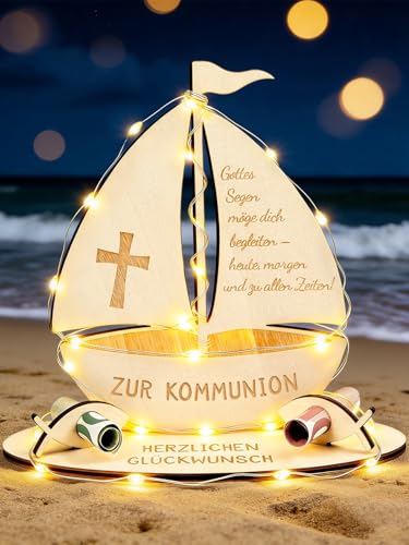 Leboria Geldgeschenk Kommunion Geschenke Deko mit LED Kreatives Erstkommunion Geschenke Holz Boot mit Basis für Mädchen Jungen - Zur Kommunion