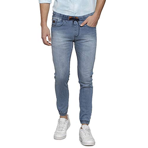 Image of CAHOOT Men' Light Blue Cinched Hem Denim Jeans for Casual Wear Light Wash 5 Pocket Drawstring Closure Cotton Denim Jeans
