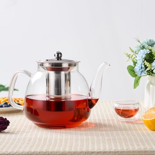 Image of PARACITY Glass Teapot Stovetop 50 OZ /1500ml, Tea pot with Removable 18 /8 Stainless Steel Infuser, Borosilicate Clear Tea Kettle, Teapot Blooming and Loose Leaf Tea Maker Tea Brewer for Camping, Travel