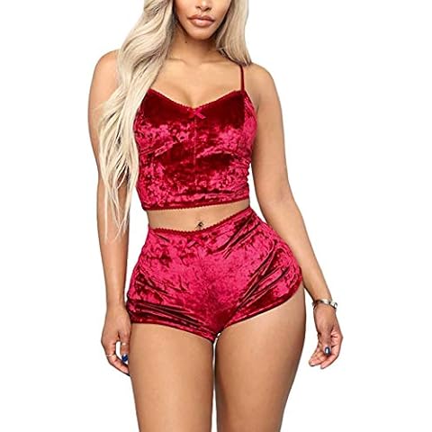 Womens Velvet 2 Piece Shorts Set for Women,Sleeveless Crop Top Short Outfit Red M Cover