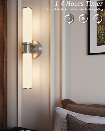 Image of Rayogale Nickel Wireless Battery Operated Wall Sconces with Remote | White Glass Rechargeable Wall Lights Set of 2 with Timer Function Dimmable for Living Room Bedroom Emergency 3000K, 20.5 Inch