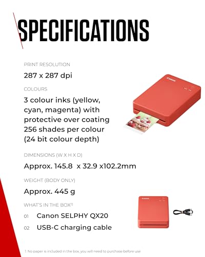 Canon Imprimante portable SELPHY QX20: impression par Wi-Fi depuis smartphone ou tablette. Sublimation thermique, 2 tailles de tirages autocollants et chargement USB-C - Rouge (Sans encre ni papier)