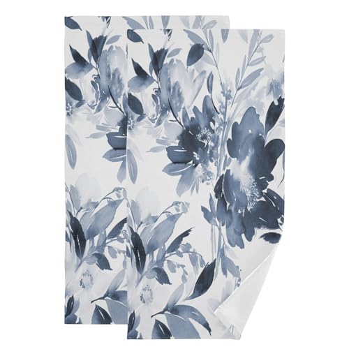 HUAZHIKOU Navy Blue Floral Hand Towels for Bathroom Set of 2 Microfiber Spring Watercolor White Blue Flower Ink Plant Kitchen Dish Towels Decorative Bathroom Towels for Face Bath Shower Spa 14