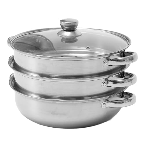 Natudeco Soup Steam Pot 3 Tier Thickened Stainless Steel Multifunctional Steamer 27cm Double Ear Steam Pot with Lid for Vegetables Seafood