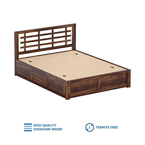 Image of Solid Sheesham Wood Meliora Queen Size Bed with Box Storage Wooden Double Bed Palang Cot for Bedroom, Living Room, Hotel and Home (Natural Finish)