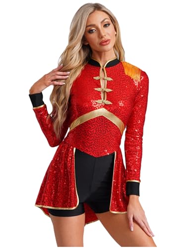 winying Women Circus Ringmaster Costume Magician Costume Long Sleeve Bodysuit Leotard for Performance Red Small