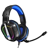 Fachixy FC-200 Stereo Gaming Headset for PS4 Xbox One X/S PS5, Noise Cancelling, Over Ear Headphones with RGB Light & Mic for Laptop, PC Nintendo, 50MM Driver.(Black Blue)