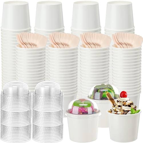 Ninehaoou 100 Pack Ice Cream Cups with Dome Lids No Hole and Spoons Bulk Disposable Paper Dessert Bowls White Sundae Containers for Snack Yogurt Soup Birthday Summer Ice Cream Party Supplies (6 oz)