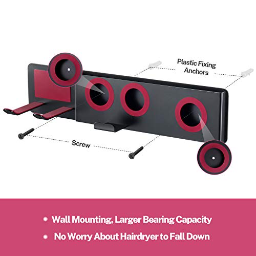 Oak Leaf 5-in-1 Hair Dryer Holder for Dyson, Wall Mount Metal Magnetic Blow Dryer Holder with Fuchsia Anti-Scratch Rubber Protection for Bathroom, Black