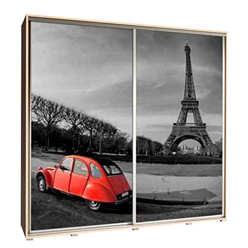 Preisvergleich Produktbild Kleiderschrank Penelope mit grafischem Motiv, Schwebetürenschrank mit Muster, Schiebetürenschrank, Modernes Schlafzimmerschrank Garderobe, Schlafzimmer (Paris, Sonoma, 205 cm)