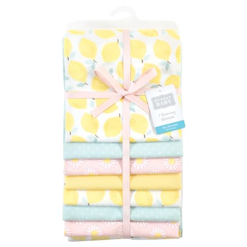 Image of Little Treasure Hudson Baby Cotton Poly Flannel Receiving Blankets Multipack, Yellow Lemon Daisy, 30x30 inches