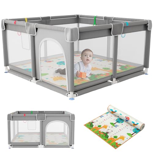 JUPPLIES Parque Infantil Bebe 120x120cm + Alfombra Bebe – Corralito Bebe con Malla Transpirable – Parque de Juegos Bebe Plegable con Puerta Lateral – Playpen Bebe - Gris