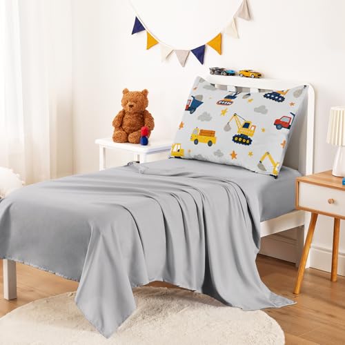 Image of Wake In Cloud - Toddler Bedding Set for Boys, Construction Car Excavator Truck, 4 Pieces Soft Crib Bed Set Including Comforter, Sheets and Pillowcase, Light Gray