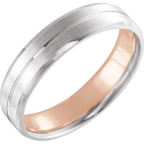 Solid 14k Gold White and Rose 7mm Grooved Wedding Band Ring Comfort Fit Matte Brushed and Polished - Size 11