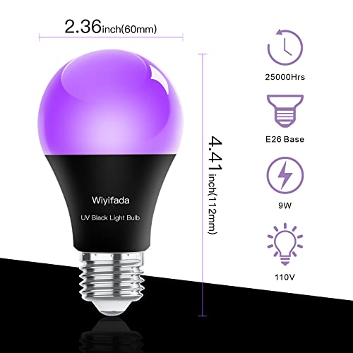 Wiyifada Led Black Light Bulbs 2 Pack, A19 10W Blacklight Bulb Replace Up To 100W, 110V E26 Base Black Light Uva Level 385-400Nm, Glow In The Dark For Body Paint, Blacklights Party, Halloween-2 Pack #TOP4