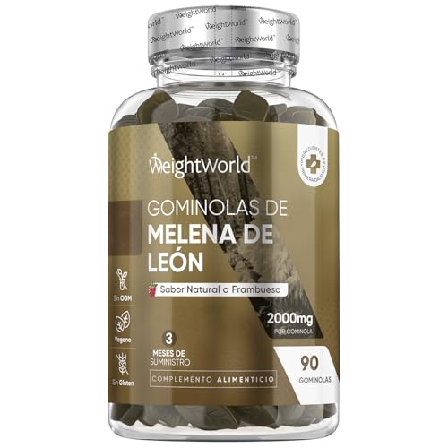 Melena de León 2000mg - 90 Gominolas Sabor Frambuesa - 3 Meses de Suministro - Gummies de Extracto de Lions Mane - Suplemento Apto para Veganos, sin OGM, sin Gluten
