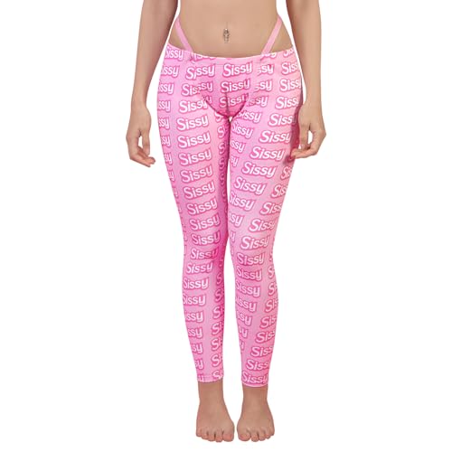 Littleforbig Unisex Silky Y2K Yoga Leggings with Built-in Camel Toe Pad & Tucking Gaff Thong Strap Design for Smooth Feminine Silhouette Sissy Style All-Over Print Pants 4XL