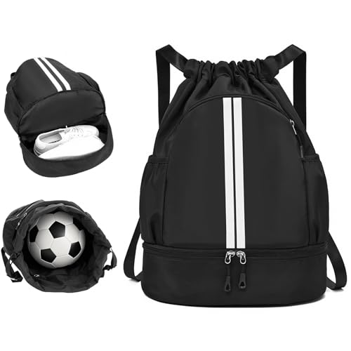 Schwarz Unisex Kordelzug Rucksack, Oxford-Stoff Turnbeutel mit Schuhfach, Ästhetischer Sackrucksack, Drawstring Taschen, Wasserfester Kordelrucksack, Rucksack Schwimmen Tasche für Sport Reisen City